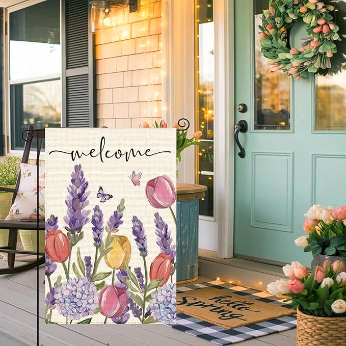 Spring Summer Tulips Hydrangeas Welcome Garden Flag 12 x 18 Inch Double Sided, Lavender Floral Butterflies Burlap Small Yard Flag Holiday Farmhouse Flags for Patio Outdoor Outside Decoration