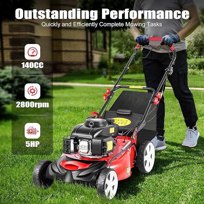 Gas Lawn Mower, 5HP 140CC 4-Stroke Self Propelled Gas Lawn Mower 2800RPM High Speed Gas Powered Weed Sweeping Machine with 20-Inch Cutting Width, 8 Gears Height Adjustable Lawn Mower for Garden Lawn