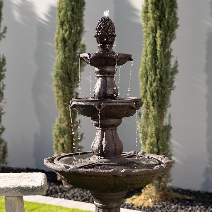 XBrand 3-Tier Freestanding Waterfall Fountain w/Pump & Pineapple Top, 51 Inch Tall, Brown, Large Outdoor Garden Fountain, Ideal for Garden, Porch, and Lawn
