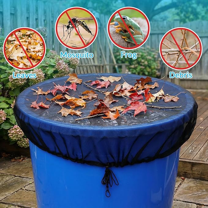 38.5 Inch Mesh Cover for Rain Barrel, Black Rain Barrels Net Cover, Water Collection Bucket Screen Covers to Keep Leaves Debris Out