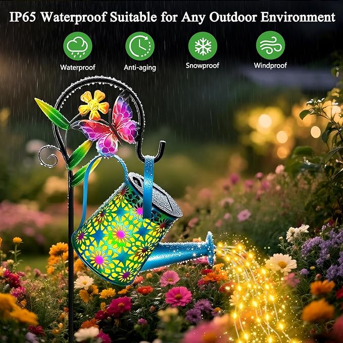 Solar Lights Outdoor Decorative, Blue Metal Solar Watering Can Lights Waterproof, Gifts for Women Mom Mother's Day, Hanging Lantern Decoration Garden Decor Yard Light for Outside Patio Lawn Porch