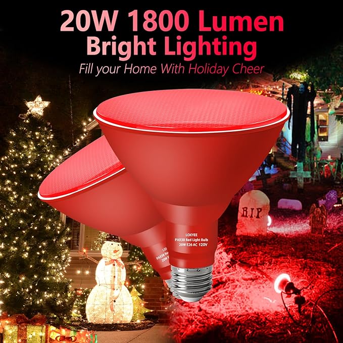 PAR38 Flood Red Light Bulbs,4 Pack Dimmable,E26 Base Red Flood Light Outoor(20W Replace to 200W),Halloween Light Bulb for Outside,Christmas,Holiday Lighting