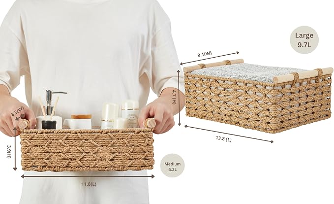 DECOMOMO Paper Rope Wicker Storage Basket, Bathroom Organizer | Back of Toilet Basket, Toilet Tank Tray, Countertop, Home Decor (Set of 2, Beige)
