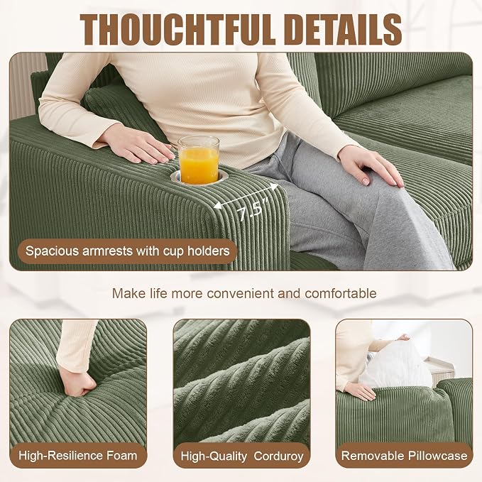 127" Modular Sectional Couch with Storage, Corduroy 7-Seater V Shaped Sofa with Ottoman Chaise, Removable Sofa Cover, Cloud Modular Sofas for Living Room, Apartment