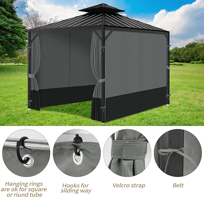 Gazebo Privacy Curtains 12 x 14' with Zipper 4-Panels Side Wall Universal Replacement for Patio, Outdoor Canopy, Garden and Backyard Gray and Black (Curtain Only)