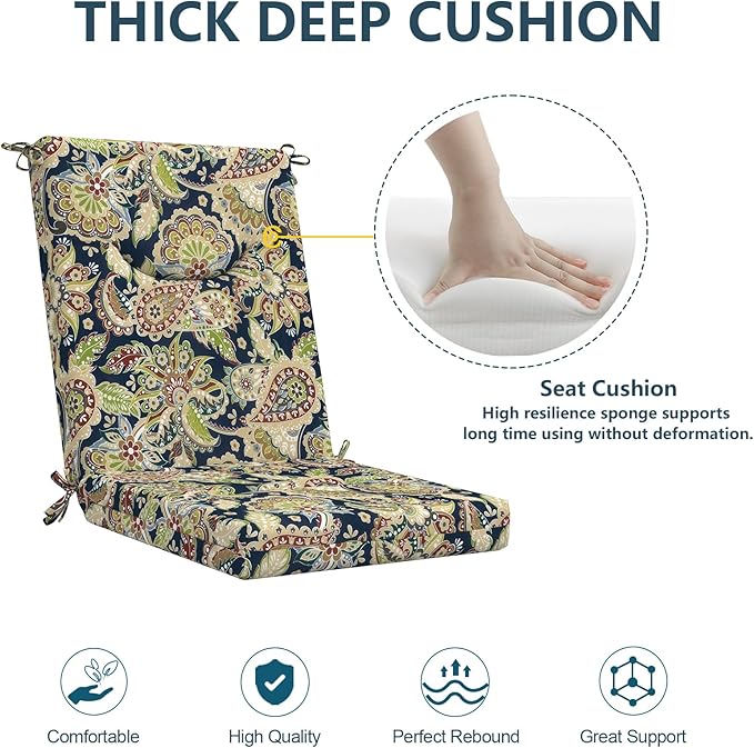 DYTXIII Outdoor High Back Chair Cushions Set of 2, 44x20 In Water Repellent Patio Seat Cushions with Elastic Sponge, All Weather Cushions for Rocking, Dining Chairs, Patio Furniture - Paisley Sapphire