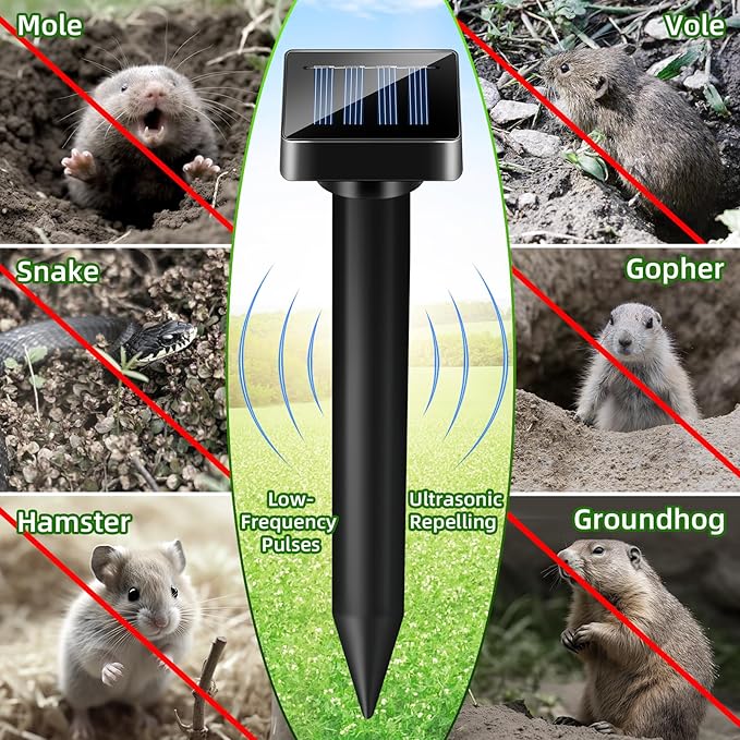 4 Pack Mole Repellent Solar Powered Gopher Repellent Outdoor Waterproof Sonic Mole Deterrent Stake Vole Repellent Spikes Rodent Repellent for Lawns Yard Garden, Getting Rid of Moles Voles Groundhog