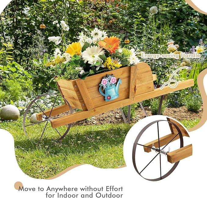 HAPPYGRILL Wooden Wagon Planter, Small Flower Plant Pot w/Triangular Metal Support, 2 Energy-Saving Handles, Movable Wheel, Wood Wheelbarrow Cart Planter for Garden Backyard Holiday (Walnut)