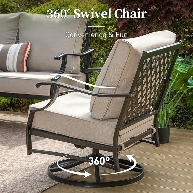 SUNSHINE VALLEY Metal Frame Outdoor Patio Swivel Chairs Set of 2 with 5.75" Extra Thick Cushion, 2 Piece High Back Swivel Patio Chairs Outdoor Furniture Seating for Deck Balcony Front Porch, Beige