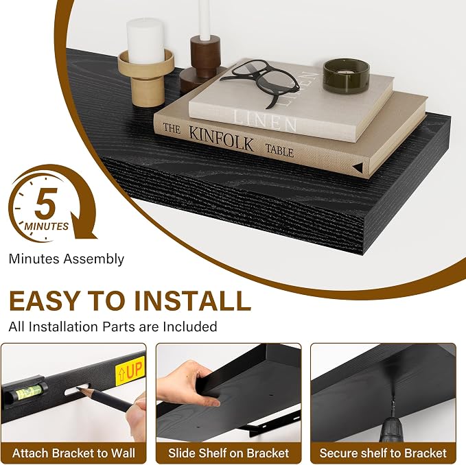 Black Floating Shelves 22.5 Inch Long, 8 Inch Deep Floating Shelf Wall Mounted, Rustic Wood Bathroom Shelves for Storage, 22.5x8 Deep Shelf Set of 2 with Invisible Brackets for Books|Storage|Decor