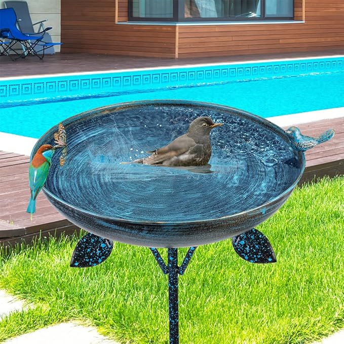 DREAMSOUL Outdoor Garden Bird Bath Metal Bird Baths Cast Iron Birdbath with Metal Stake Tall Bird Bath for Yard Garden Decor