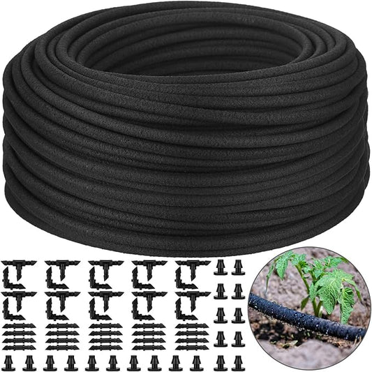 1/4 Inch Soaker Hose Irrigation Hose Drip Hose for Garden Heavy Duty Drip Irrigation Tubing with Hose Connector Set or Watering Planters Flower Vegetable Lawn Yard Landscaping, Black (200 ft)