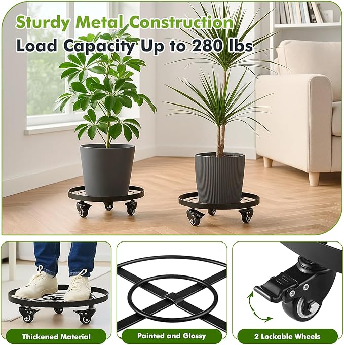 Planterhoma 3 Packs Extra-large 15 Inch Metal Plant Caddy Plant Dolly with Wheels Heavy-Duty Wrought Iron Rolling Plant Stand with Casters for Indoor and Outdoor Plant Pot Rollers Black