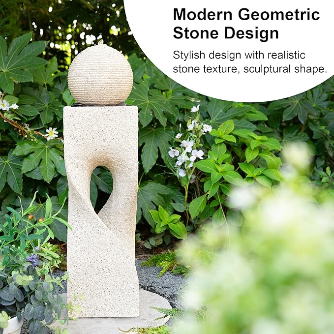Glitzhome Outdoor Water Fountain, Outdoor Fountain with Pebbles, Pump and LED Light, 36.5" H Polyresin Modern Geometric Pedestal and Sphere Waterfall Fountain Water Feature for Garden, Patio, Yard
