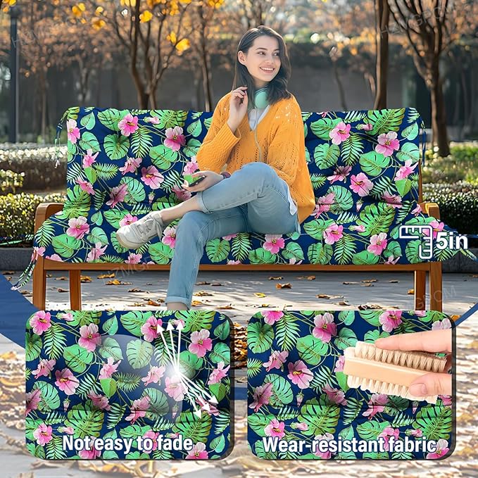 Extra Thick 5" Waterproof Porch Swing Cushions Outdoor 60 inch Swing Cushions 3 Seater Replacement with Backrest and Ties for Outdoor Furniture Patio Bench Garden（Flower02）