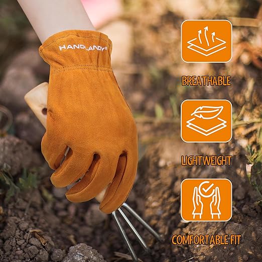 HANDLANDY 2 Pairs Kids Genuine Leather Gardening Gloves for age 2-9, Children Work Gloves for Boys, Girls, Toddlers (Orange, S)
