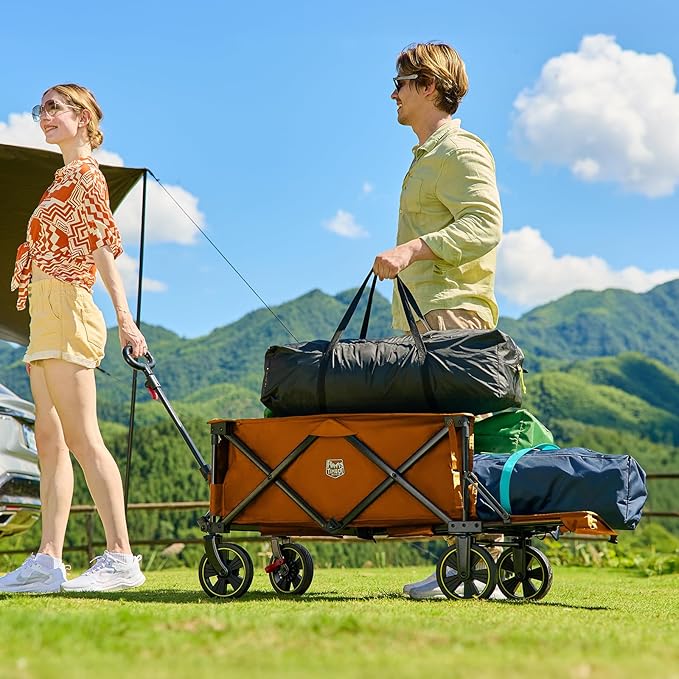 Timber Ridge 49" Extra Long Collapsible Folding Wagon with Tailgate and Brakes, 300lbs Heavy Duty Foldable Wagon with Adjustable Handle, 250L Capacity Portable Cart for Outdoor Camping Sports, Orange