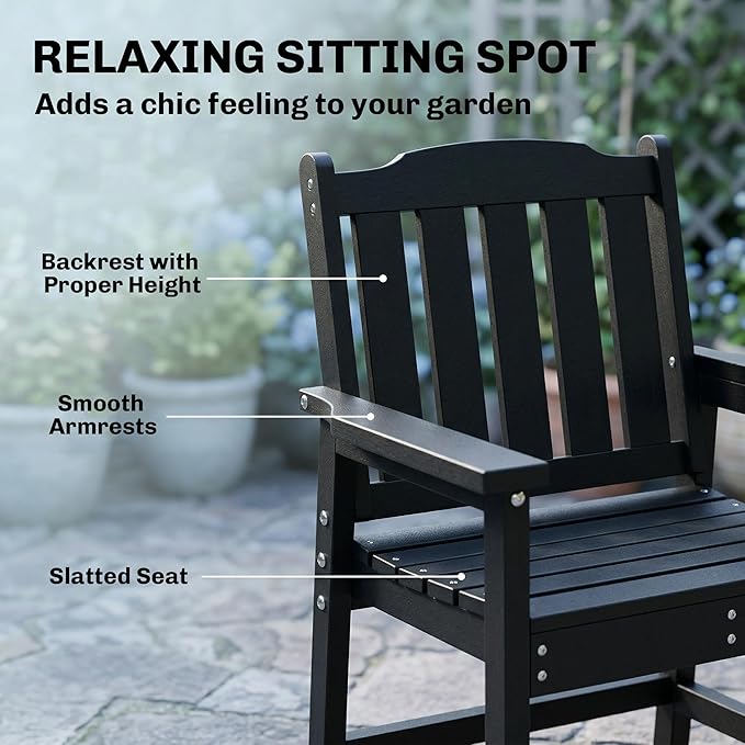 Outsunny All-Weather Patio Chair, HDPE Patio Dining Chair, Heavy Duty Wood-Like Outdoor Furniture for Garden, Backyard, Deck, Porch, Lawn, Black