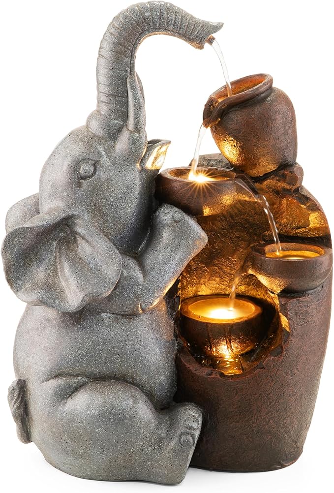 Glitzhome Outdoor Water Fountain, 4-Tiered Elephant and Pot Outdoor Fountain with Lights, 18.5" H Polyresin Decorative Waterfall Feature Garden Fountain with Pump for Patio, Yard, Deck, Porch Decor