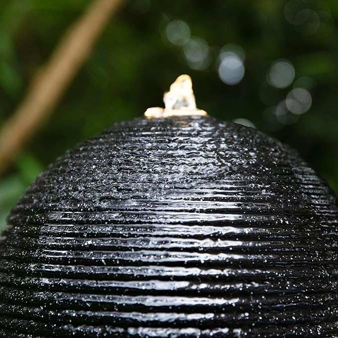 Glitzhome Outdoor Water Fountain, 40.5" H Polyresin Outdoor Fountain with Pebbles, Pump and LED Light, Modern Geometric Pedestal and Sphere Garden Fountain Waterfall for Patio, Backyard, Porch, Deck