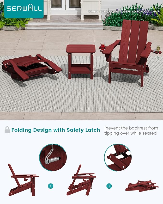 SERWALL Folding Adirondack Chair with Cup Holders, All Weather Resistant Modern Adirondack Chair, HDPE Fire Pit Chairs, Lawn Chair for Patio Garden, Outdoor, Red