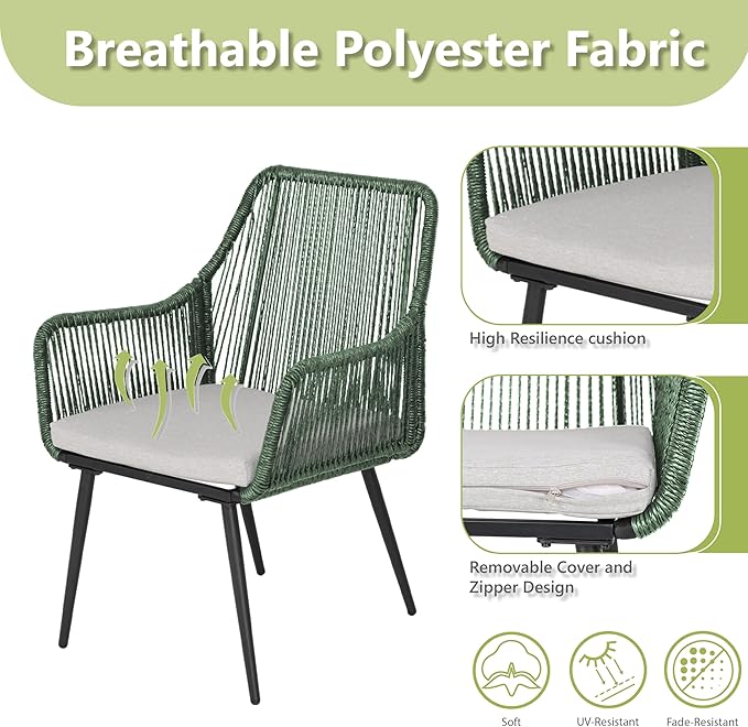Patio Dining Chairs, Outdoor Dining Chairs with Armrest & Cushion Set of 2, All-Weather Woven Twisted Wicker Rattan Chair, Modern Indoor Outdoor Seating for Garden Lawn Backyard Green