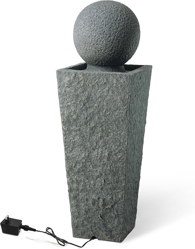 Glitzhome Outdoor Water Fountain, Outdoor Fountain with Pebbles, Pump and LED Light, 40.25" H Modern Geometric Pedestal and Sphere Polyresin Waterfall Fountain for Patio, Backyard, Garden, Deck Decor
