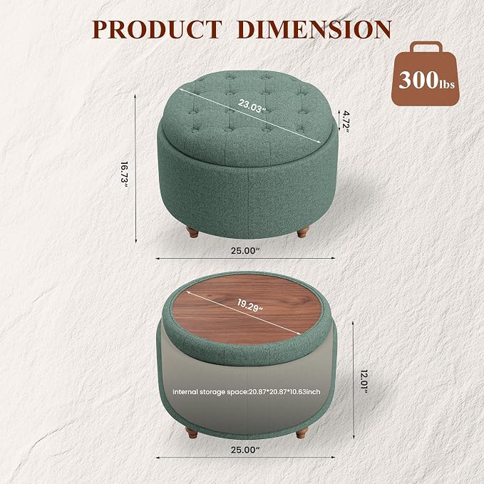 25" Round Ottoman with Storage, Small Coffee Table with Reversible Tray Lid | Tufted Fabric Round Storage Ottoman with Solid Wood Legs, 3-in-1 Footrest for Living Room, Bedroom, Entryway, Green