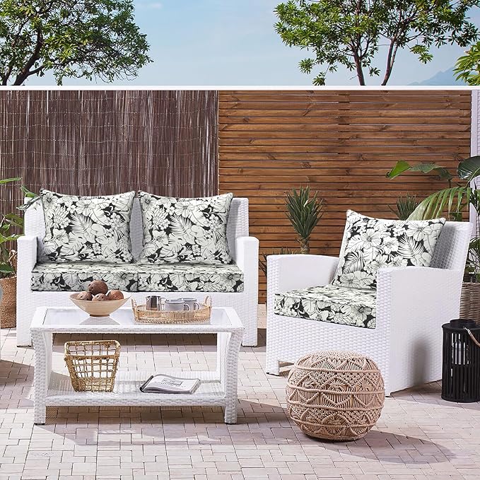 LVTXIII Outdoor Deep Seat Cushion Patio Seat and Back Cushion Set Seasonal Chair Cushion for Dining Arm Chairs, Wicker Chairs and Garden Furniture Decoration, 22"x22"x4", Tropical Blossom Noir
