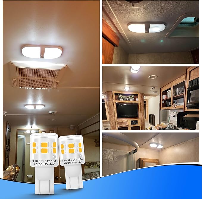 Heifymi 921 194 LED Light Bulbs 2W 2700K Warm White 300lm 12V-24V AC/DC T5 T10 Wedge Base 912 922 for Outdoor Landscape Deck Stair Step Path Lights RV Camper Travel Tailer Boat Marine Lights, 3 Pack