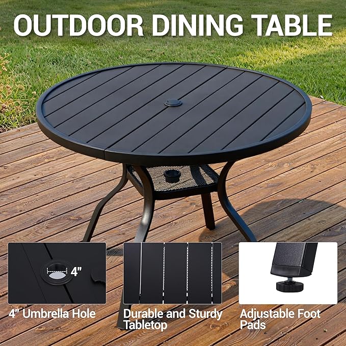 41" Outdoor Dining Table for 4 Person, Metal Round Patio Dining Table with Adjustable Umbrella Hole for Garden, Partitioned Storage Shelf, Backyard and Porch, Black