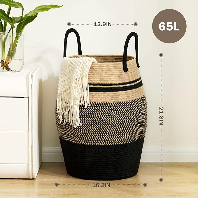 Large Laundry Hamper Basket 65L Woven Blanket Basket, Brown & Black