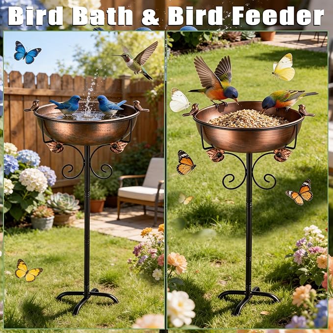 1.5 Gallon Metal Bird Bath for Outside, 38.18 Inch Vintage Freestanding Bird Bath with Upgraded 5 Pronged Base & Sturdy Metal Stake, Dual-Use Birdbath & Birdfeeder for Garden Patio Yard Lawn Decor
