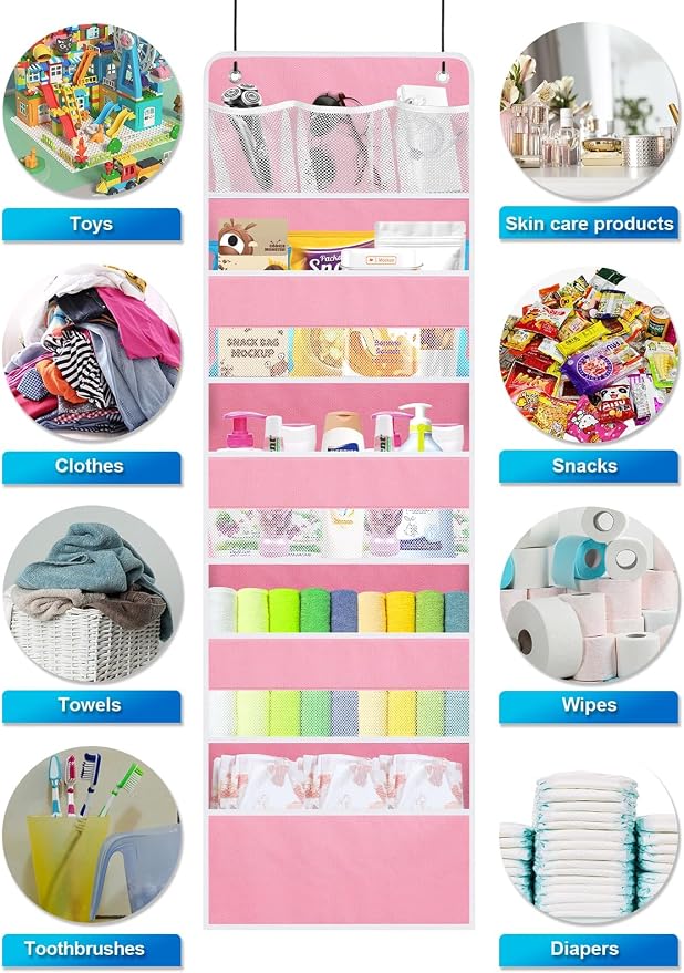 2 Pack Over The Door Organizer, Hanging Storage Organization with Large Capacity Pockets, Swing-Proof Behind Door Storage Shelf for Kicthen Bedroom Nursery Kids Toys Shoes,Pink