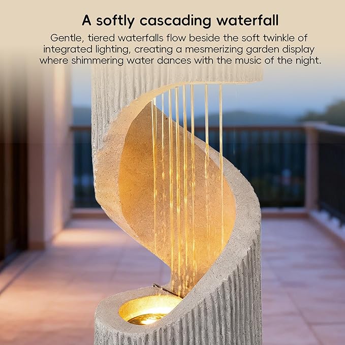 Modern S-Shaped Outdoor Fountain with LED Light, 40” Tall Spiral Column Waterfall Feature with Flat Top for Plant Display, Decorative Water Fountain for Garden, Patio