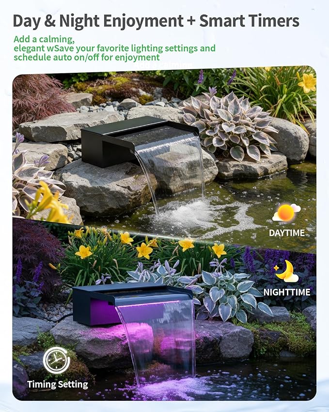 POPOSOAP 8inch Pond Waterfall Spillway with RGB LED Lights & 660GPH Pond Pump- APP/Remote Control, 304 Stainless Steel Pond Spillway with 9.8FT Tubing for Garden Ponds Landscape Water Features-P42DY