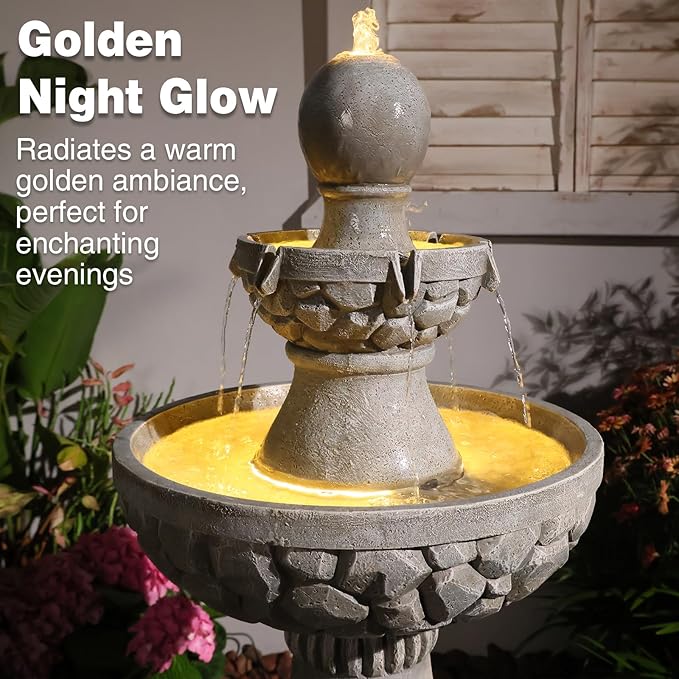 Sunlinua 46.5H 3-Tier Outdoor Water Fountain with LED Lights Italian Resin Garden Fountain for Patio Yard Weather-Resistant Cascading Waterfall Feature with Quiet Pump Elegant Backyard Décor Gray