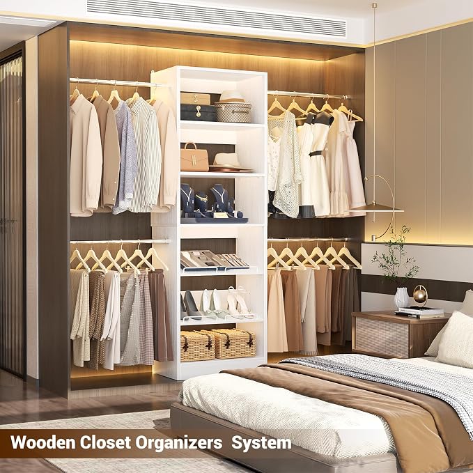 Unikito 4-8Ft Wood Closet Organizer System with Extendable Rods, White