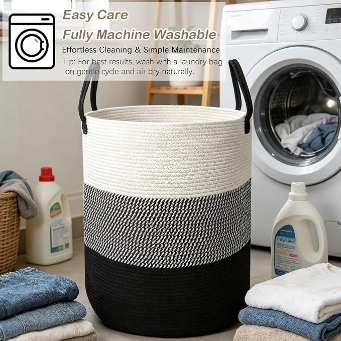 55L Woven Laundry Basket,Large Clothes Hamper with Handles-Black