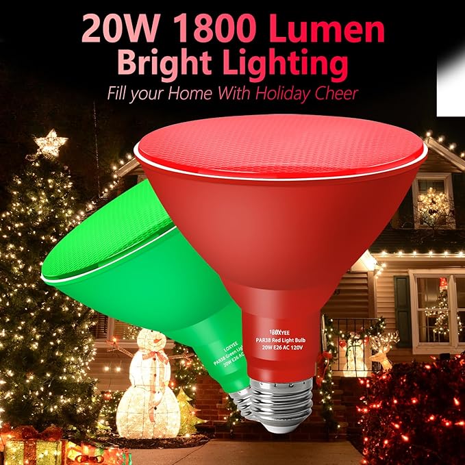 PAR38 Flood Red Green Light Bulb,2 Pack-Dimmable,E26 Base Flood Light Outoor(20W Replace to 200W),Light Bulb Outdoor Porch,Colored Light,Spot Light,Halleween,Christmas Lighting