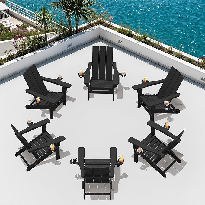 SERWALL Modern Adirondack Chair Set of 2, Folding Adirondack Chair with Dual Cup Holders, Outdoor HDPE Plastic Fire Pit Chairs for Patio Lawn Garden, Black