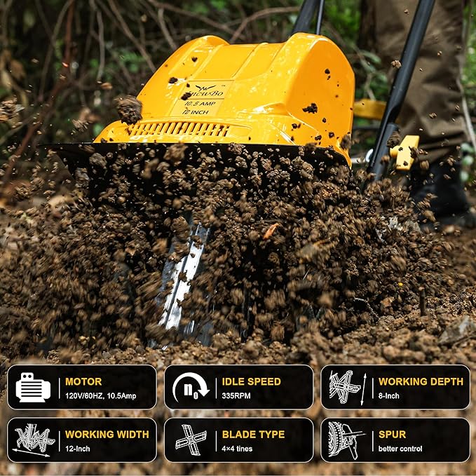 IncwBo Garden Rototiller 12-Inch 10.5-Amp Corded Electric Tiller/Cultivator, Adjustable Wheels, 8-Inch Tilling Depth, Powerful and Lightweight Tiller