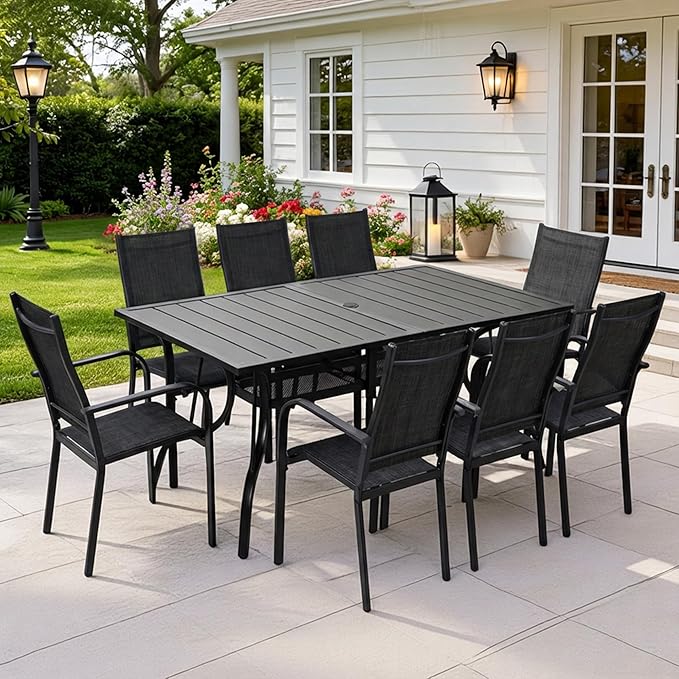 Patio Chairs Set of 8, Outdoor Dining Chairs High Back, All-Weather Padded Textilene Chair for Lawn Porch Garden, Black