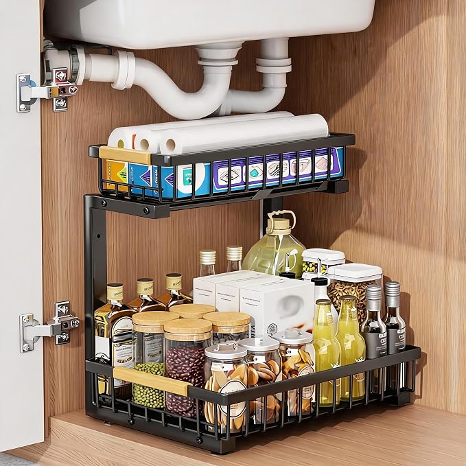 GarveeLife Under Sink Organizer, L-Shape Pull-Out 2-Tier Carbon Steel Storage Organizer with Suction Cups - Space-Saving Cabinet Rack for Kitchen & Bathroom - Easy Access Sliding Design -Black