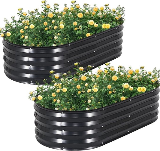 STBoo Galvanized Raised Garden Bed Outdoor, 2Pcs 4x2x1ft Oval Planter Box with Rubber Strip,Metal Raised Bed Kit for Vegetables Flowers Herbs, Grey