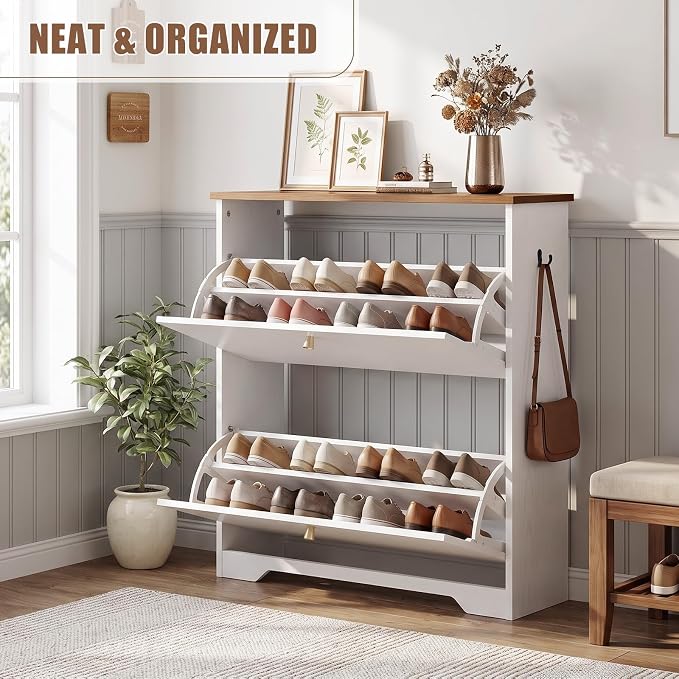 Nicetree Shoe Cabinet, 2 Flip Drawers Slim White Walnut Top Entry Storage