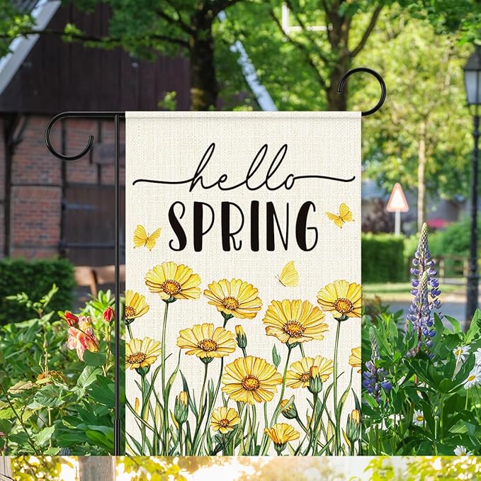 Hello Spring Flags for Outside,Yellow Daisy Garden Flag for Yard Patio Lawn Decoration,12x18 Inch Double Sided