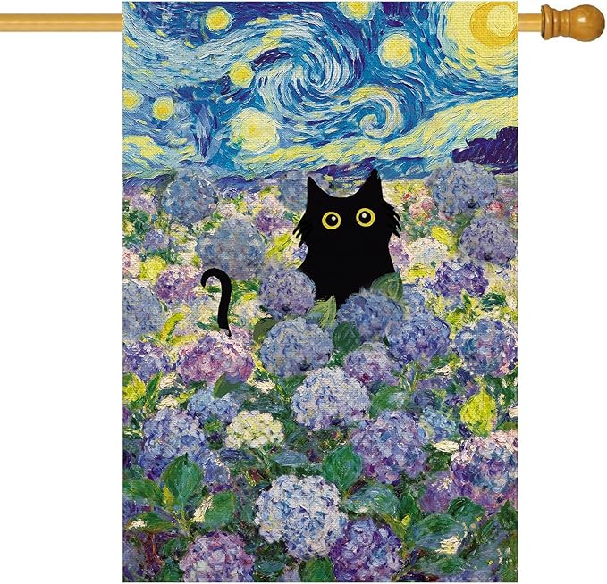Baccessor Spring Summer Cat House Flag 28x40 Inch Double Sided Burlap, Hydrangea Flowers Starry Night Large Flags Welcome Porch Patio Yard Seasonal Farmhouse Outside Outdoor Decor