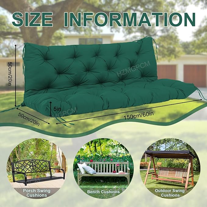 Premium 5" Thick Waterproof Outdoor Swing Cushions 3 Seater Sturdy Durable Porch Cushions 60 inch with Backrest&Ties Swing Cushions for Outdoor Furniture Backyard Patio(DarkGreen60x40x5inch)