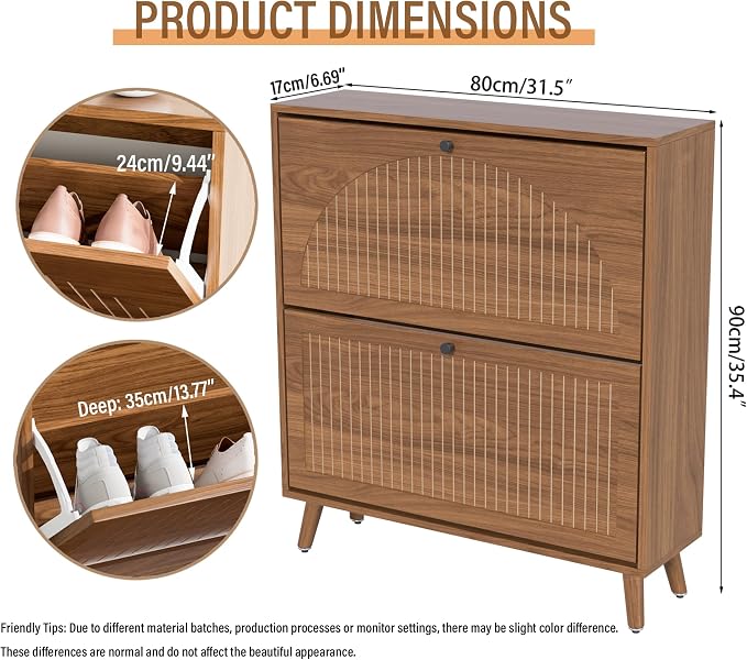 Fsbecl Shoe Storage Cabinet for Entryway with 2 Fluted Flip Drawers,Walnut
